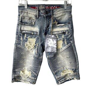 Smuggler's Moon‎ Mens Sz 28 Biker Moto Distressed Ripped Light Wash Jean Shorts
